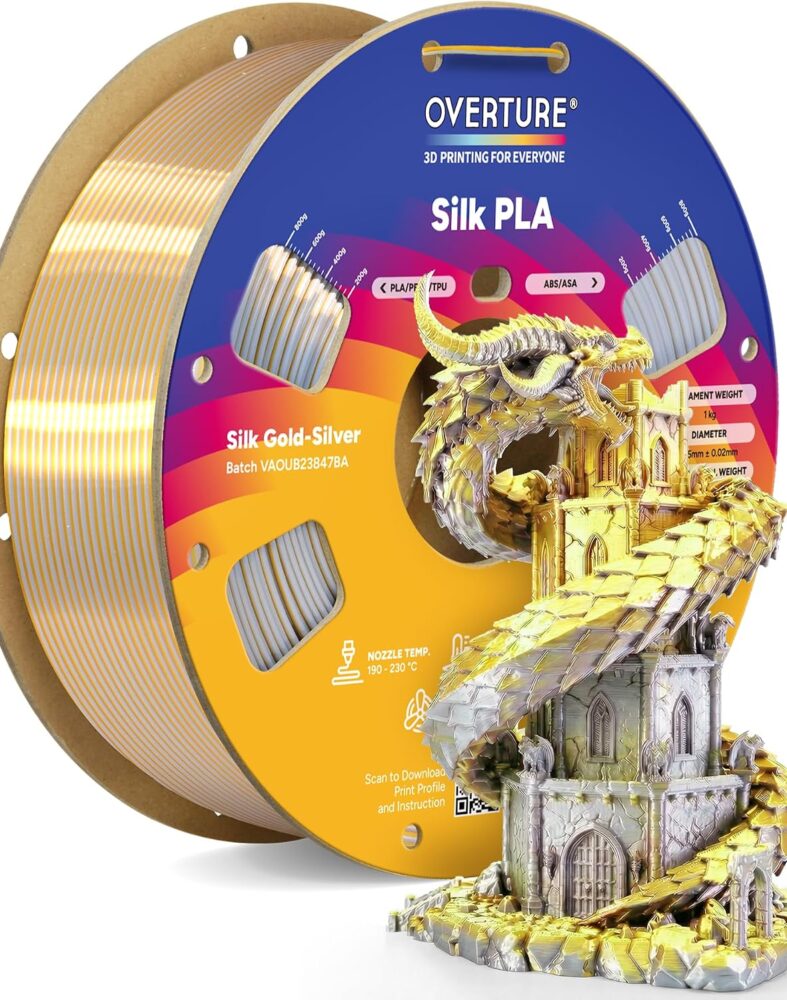 OVERTURE Silk PLA Dual Color Filament 1.75mm, Silk Gold-Silver